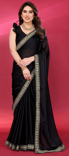 Black and Grey color Saree in Chiffon fabric with Embroidered, Thread work