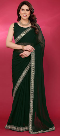 Green color Saree in Chiffon fabric with Embroidered, Thread work