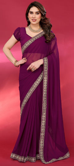 Purple and Violet color Saree in Chiffon fabric with Embroidered, Thread work