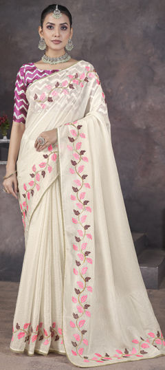 White and Off White color Saree in Georgette fabric with Embroidered, Resham, Thread work