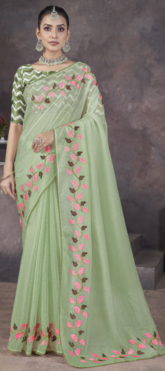 Green color Saree in Georgette fabric with Embroidered, Resham, Thread work