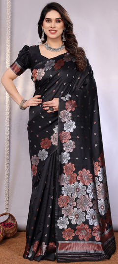 Black and Grey color Saree in Banarasi Silk fabric with Weaving work