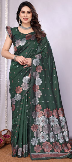 Green color Saree in Banarasi Silk fabric with Weaving work