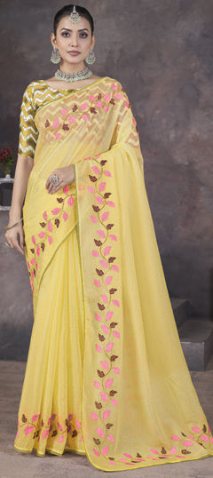 Yellow color Saree in Georgette fabric with Embroidered, Resham, Thread work