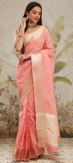 Pink and Majenta color Readymade Saree in Chanderi Silk fabric with Weaving work