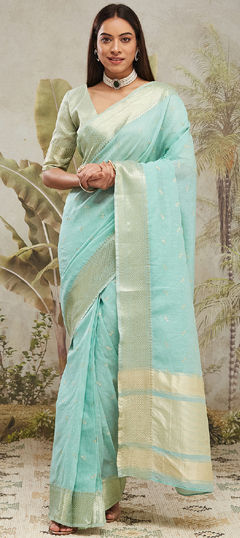 Green color Readymade Saree in Chanderi Silk fabric with Weaving work