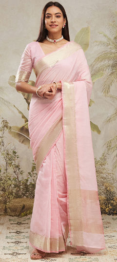 Pink and Majenta color Readymade Saree in Chanderi Silk fabric with Weaving work