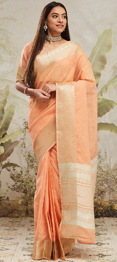 Pink and Majenta color Readymade Saree in Chanderi Silk fabric with Weaving work