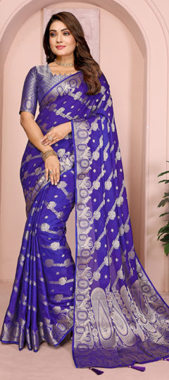 Blue color Saree in Georgette fabric with Weaving work
