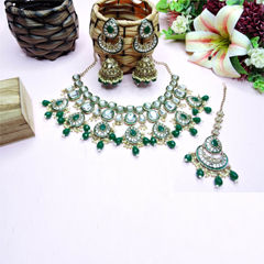 Gold Rodium Polish Green color Necklace in Metal Alloy studded with CZ Diamond, Pearl