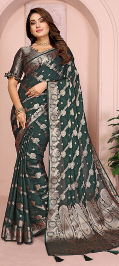 Green color Saree in Georgette fabric with Weaving work