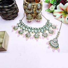 Gold Rodium Polish Pink and Majenta color Necklace in Metal Alloy studded with CZ Diamond, Pearl