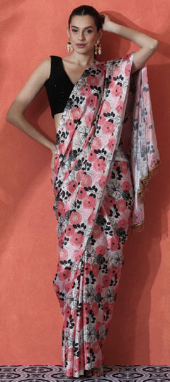 Pink and Majenta, White and Off White color Readymade Saree in Chinon Silk fabric with Digital Print, Lace work