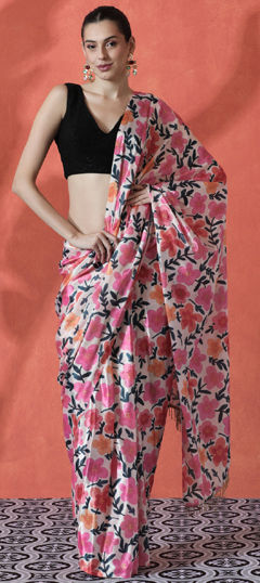 Pink and Majenta, White and Off White color Readymade Saree in Chinon Silk fabric with Digital Print, Lace work