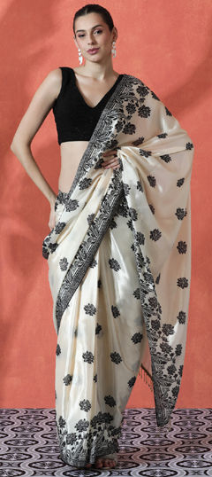 White and Off White color Readymade Saree in Chinon Silk fabric with Digital Print, Lace work