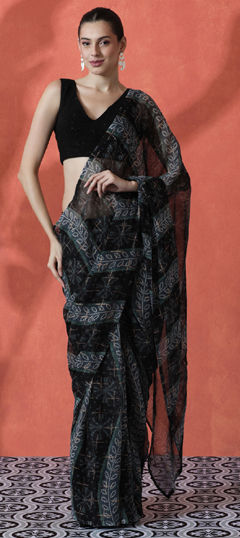 Black and Grey color Readymade Saree in Chinon Silk fabric with Printed work