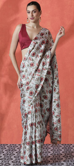 Red and Maroon, White and Off White color Readymade Saree in Chinon Silk fabric with Foil Print work