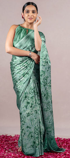 Green color Saree in Chiffon fabric with Floral, Printed work