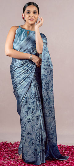 Blue color Saree in Chiffon fabric with Floral, Printed work