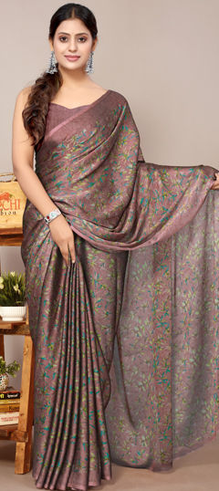 Pink and Majenta color Saree in Chiffon fabric with Floral, Printed work