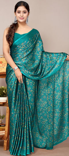 Blue color Saree in Chiffon fabric with Floral, Printed work