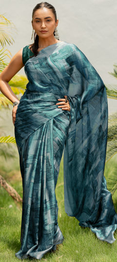 Blue color Saree in Chiffon fabric with Printed work