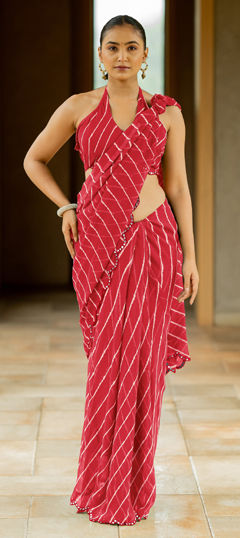 Red and Maroon color Saree in Georgette fabric with Lehariya, Printed work