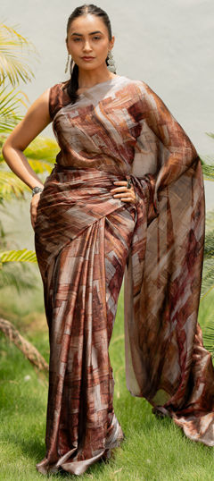 Beige and Brown color Saree in Chiffon fabric with Printed work