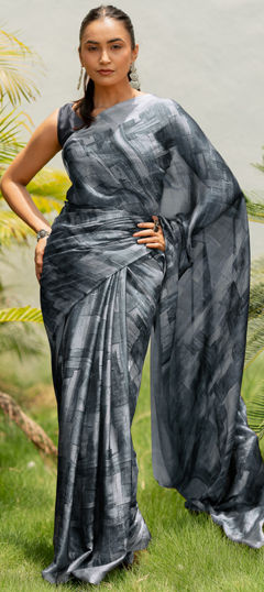 Black and Grey color Saree in Chiffon fabric with Printed work