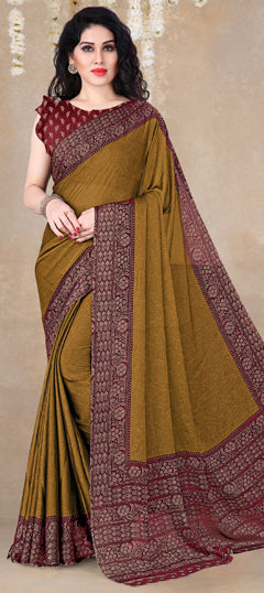 Yellow color Saree in Chiffon fabric with Floral, Printed work