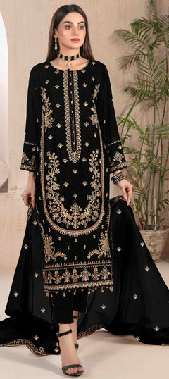 Black and Grey color Salwar Kameez in Velvet fabric with Embroidered, Sequence, Thread, Zari work