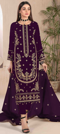 Purple and Violet color Salwar Kameez in Velvet fabric with Embroidered, Sequence, Thread, Zari work