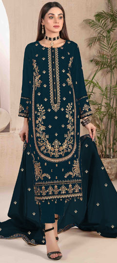 Blue color Salwar Kameez in Velvet fabric with Embroidered, Sequence, Thread, Zari work