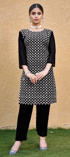 Black and Grey color Salwar Kameez in Faux Georgette fabric with Embroidered, Thread work
