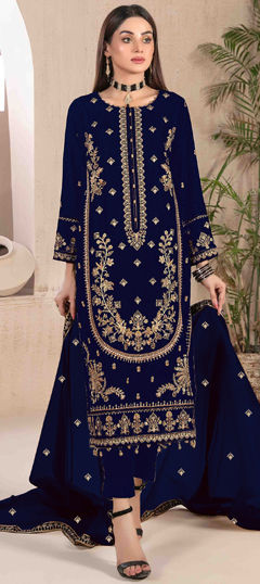 Blue color Salwar Kameez in Velvet fabric with Embroidered, Sequence, Thread, Zari work