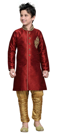 201598: Red and Maroon color Boys Indo-Western in Art Silk fabric with Patch work