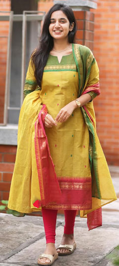 Yellow color Kurti in Cotton fabric with Weaving work