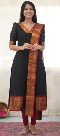 Black and Grey color Kurti in Cotton fabric with Weaving work