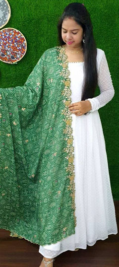 Green, White and Off White color Gown in Georgette fabric with Embroidered, Printed, Thread work