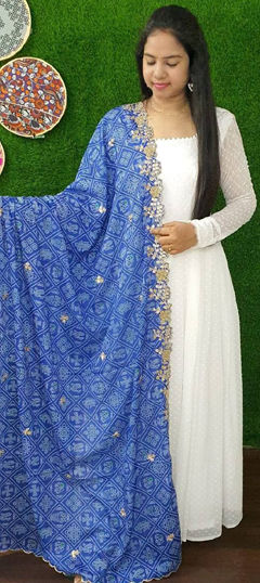 Blue, White and Off White color Gown in Georgette fabric with Embroidered, Printed, Thread work