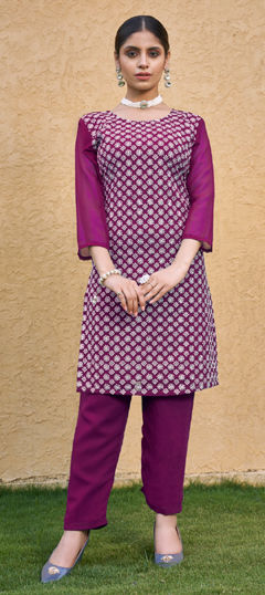 Purple and Violet color Salwar Kameez in Faux Georgette fabric with Embroidered, Thread work