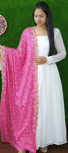 Pink and Majenta, White and Off White color Gown in Georgette fabric with Embroidered, Printed, Thread work