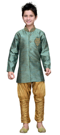 Green color Boys Indo-Western in Art Silk fabric with Patch work : 201600