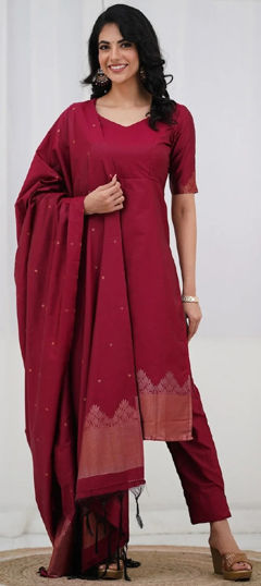 Red and Maroon color Salwar Kameez in Blended, Silk fabric with Weaving work