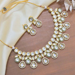 Gold Rodium Polish Green, White and Off White color Necklace in Copper studded with Kundan