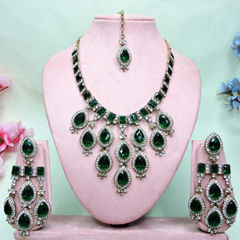 Gold Rodium Polish Green color Necklace in Metal Alloy studded with Austrian diamond