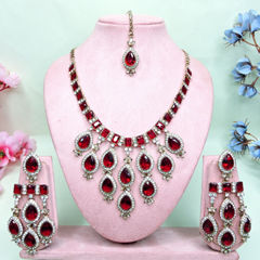 Gold Rodium Polish Red and Maroon color Necklace in Metal Alloy studded with Austrian diamond