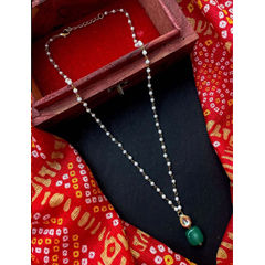 Gold Rodium Polish Green color Pendant in Brass studded with Kundan, Pearl