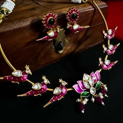 Gold Rodium Polish Pink and Majenta color Necklace in Brass studded with CZ Diamond