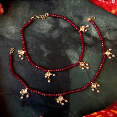 Gold Rodium Polish Red and Maroon color Anklet in Brass studded with Kundan